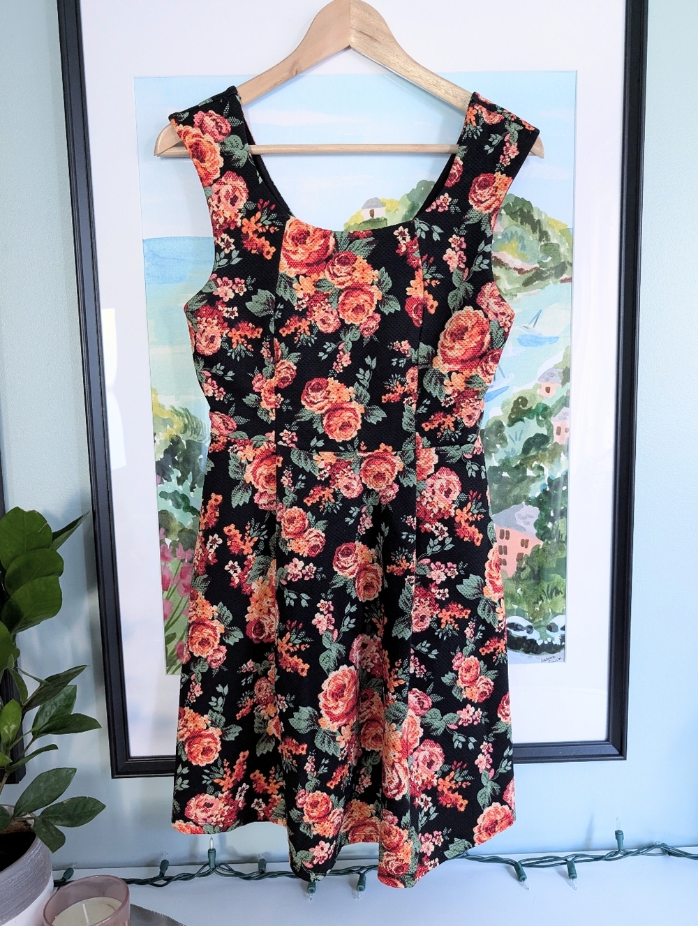 Monteau Dark Floral Rose Print Sleeveless Fit & Flare Mini Dress